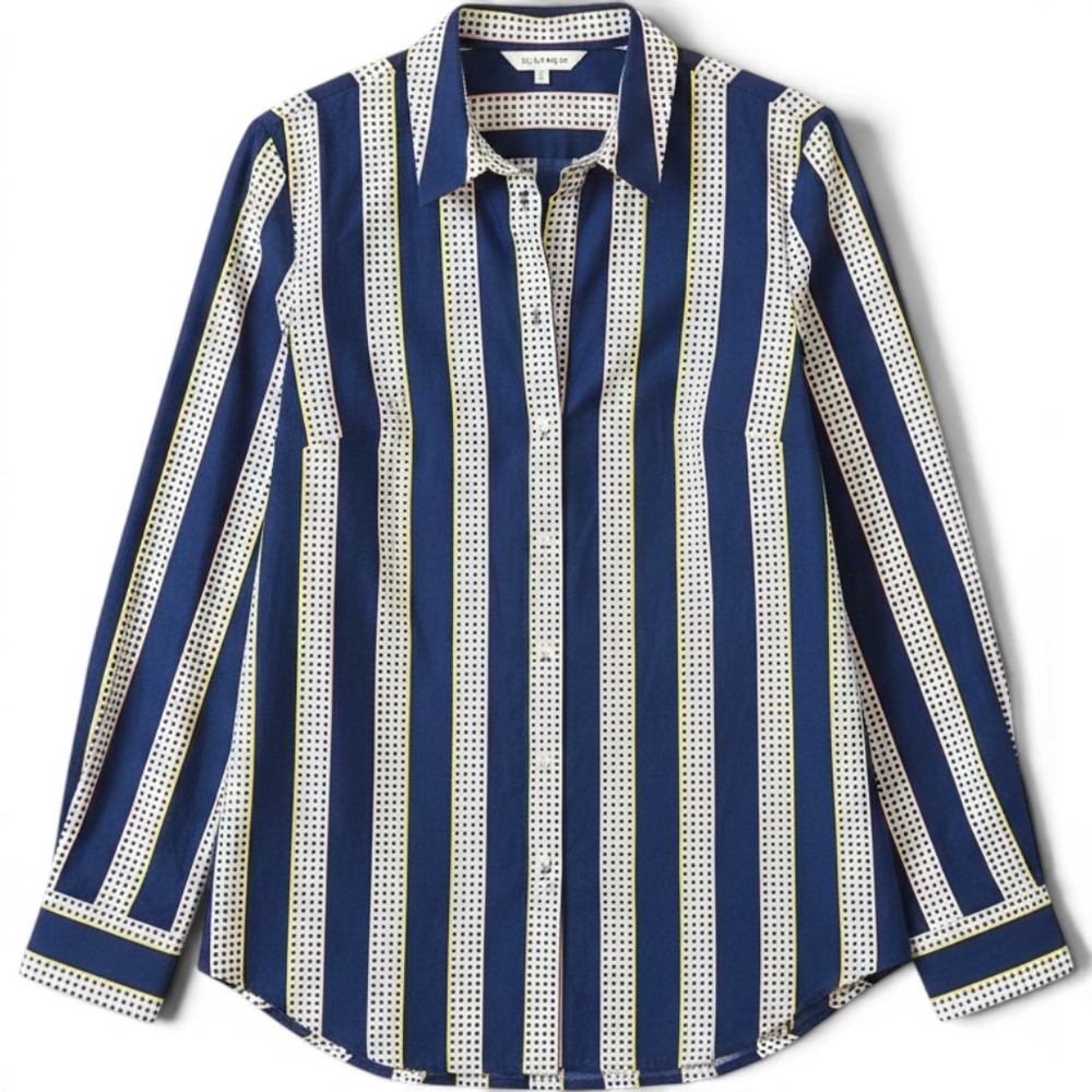 SUNO Women's Striped Dot Button Down Shirt Blue Pink White Long Sleeve 10 $450